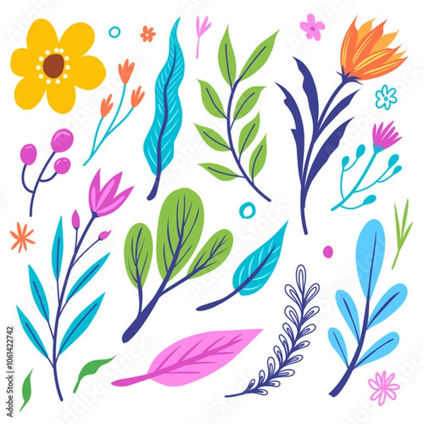 Fototapeta Vibrant and colorful botanical illustration set, stylized flower and leaves perfect for spring or summer-themed projects, invitations, greeting cards, packaging design, and many graphic design needs