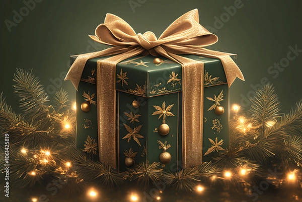 Fototapeta  A black background with hints of festive decor, including a dark green gift box and a golden bow in the middle, making for a classy Christmas card.