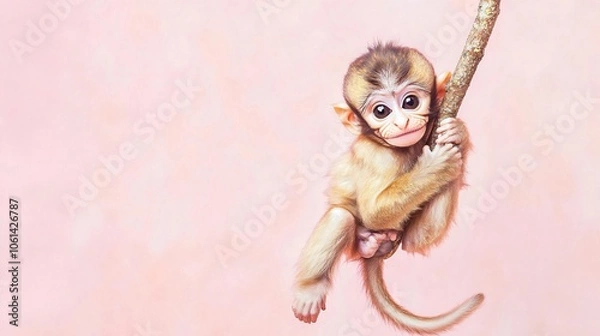 Fototapeta Adorable Baby Monkey Hanging on a Branch Against a Pink Background