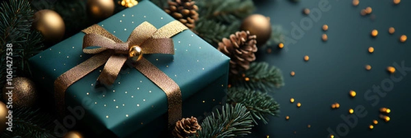 Fototapeta Elegant holiday-themed image with an empty, dark background on the right , perfect for adding text, with a festive gift box on the  left .