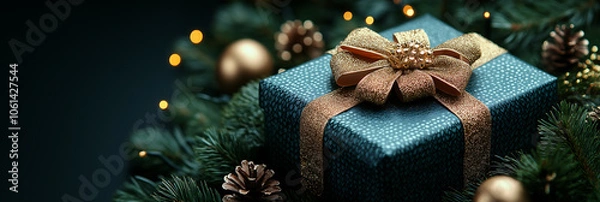 Fototapeta  Empty background on the left, designed for holiday wishes, with hints of dark green and gold accents on the right. Banner.