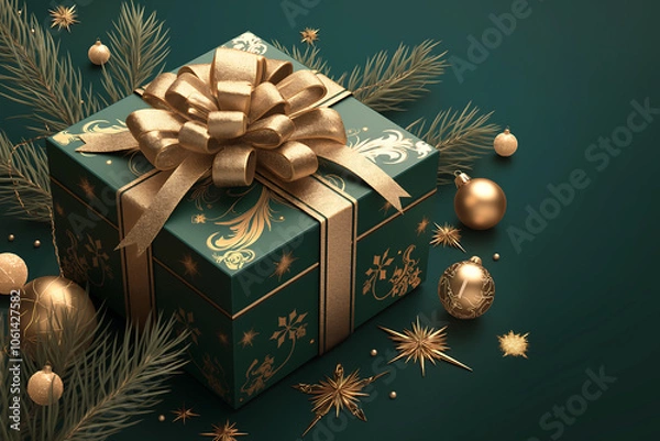 Fototapeta Close-up of a dark green gift box with a shiny golden bow creates a rich and warm backdrop ideal for New Year's wishes.