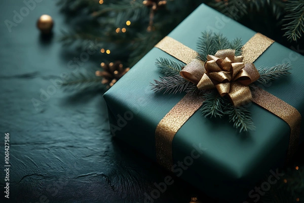 Fototapeta  A holiday banner featuring evergreen branches, a dark green gift box, and a golden bow, leaving space on the left for custom text.