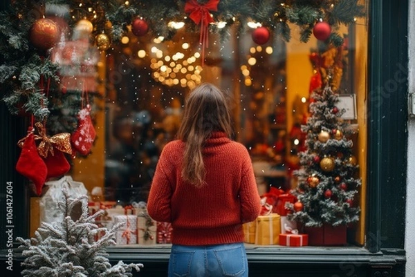 Fototapeta A woman stands at a shop window, looking at Christmas decorations and gifts, Shot from behind. Concept: Christmas stress mood, New Year, preparations for the holiday