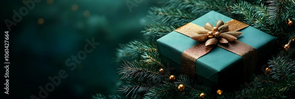 Fototapeta Holiday banner with ample space on the left for a New Year greeting, accompanied by a festive gift box and shadows.