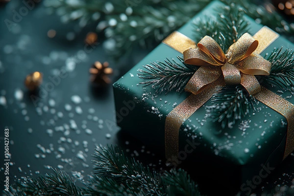 Fototapeta A gift box with a shiny golden bow placed to the right side, leaving the left side empty for holiday greetings or New Year's wishes.