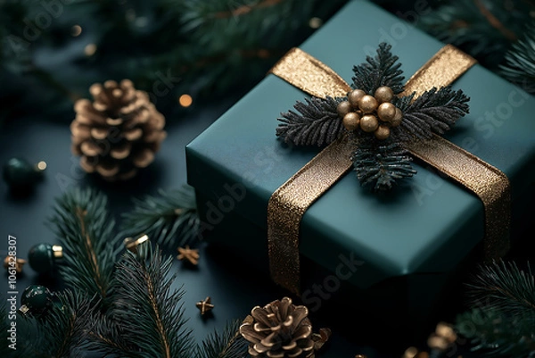 Fototapeta A festive background with Christmas tree branches circling around a dark green gift box and a golden bow is ideal for a holiday card.