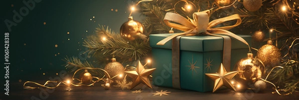 Fototapeta Dark green gift box with golden bow to the right, leaving a blank space on the left side for a personalized Christmas message. Banner.