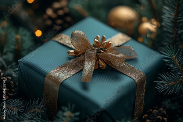 Fototapeta  A stylish black festive backdrop with a dark green gift box and a golden bow, creating a luxurious and modern holiday greeting.