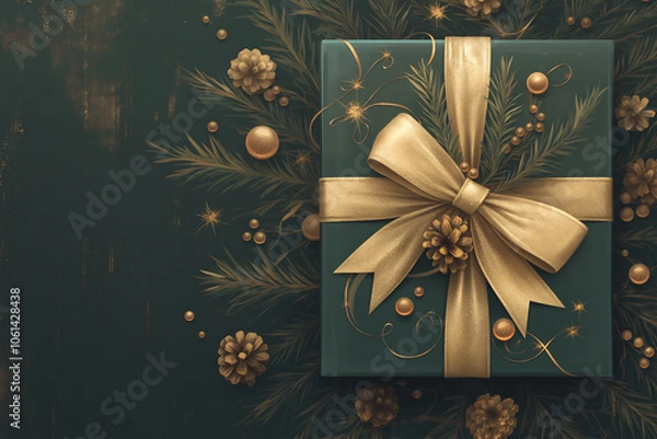 Fototapeta A festive image featuring an empty gift box on the left side, perfect for adding a personal touch with a Christmas greeting or New Year message.
