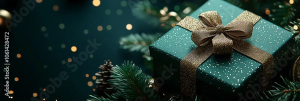 Fototapeta Close-up of a dark green gift box tied with a golden bow, surrounded by delicate shadows and hints of evergreen branches, banner.