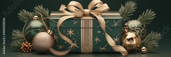 Fototapeta Dark green gift box with an elegant golden bow, placed on a black festive background with faint shadows, perfect for a holiday banner.