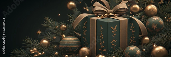 Fototapeta Dark green gift box with a golden bow, nestled among branches of the Christmas tree on a dark festive background. Banner.