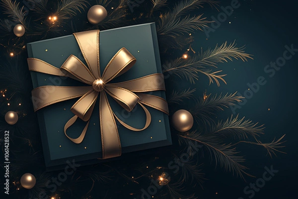 Fototapeta A dark green gift box with an elegant golden bow rests on a black backdrop, adding depth with shadows, perfect for holiday greetings.