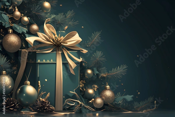 Fototapeta A luxurious dark green gift box, tied with a golden bow, sits in the center of the image, creating a festive Christmas card backdrop.