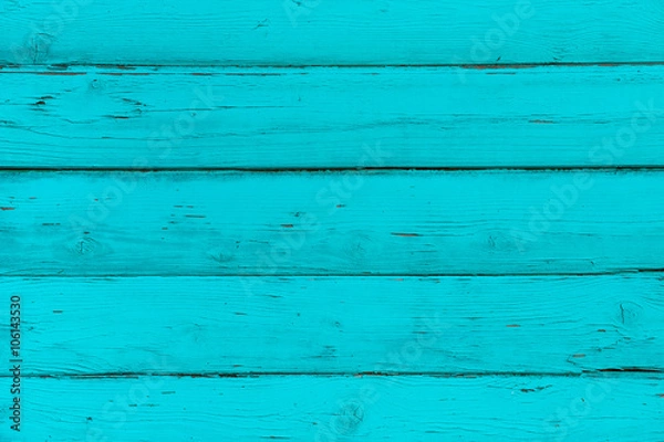 Obraz Natural wooden blue, turquoise boards, wall or fence with knots. Abstract textured background, empty template. Horizontal planks of wood, mint color