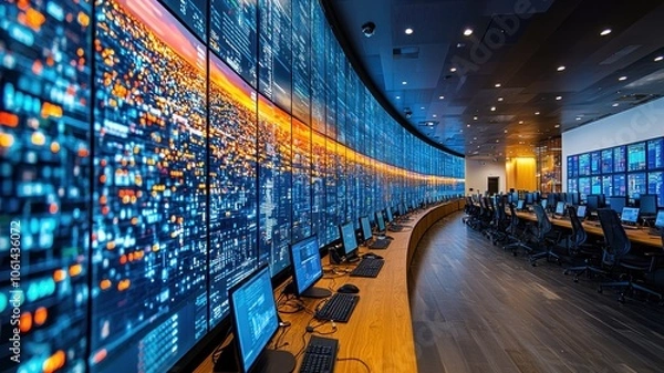 Obraz A modern command center featuring multiple large screens displaying data, with sleek workstations and a high-tech environment that emphasizes innovation and efficiency.
