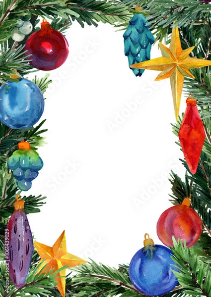 Fototapeta Watercolor spruce branches and balls toys A4 frame template. Hand drawn new year illustration. Design for covers, invites, season offers. Blank text. Bright Christmas tree toys on fir-tree.