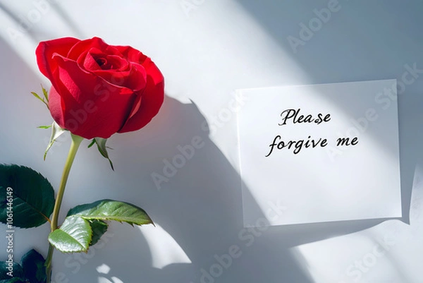 Fototapeta Red Rose with 'Please Forgive Me' Note in Soft Light