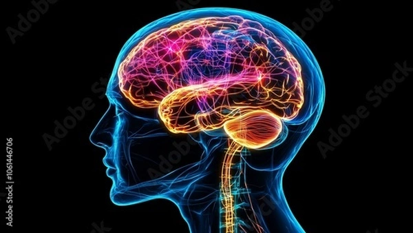 Fototapeta 3D illustration of an X-ray view of a human brain, showcasing anatomy and medical science in a blue abstract design