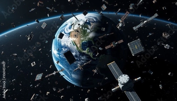 Fototapeta A digital illustration of Earth surrounded by space debris, a reminder of the growing issue of space pollution.