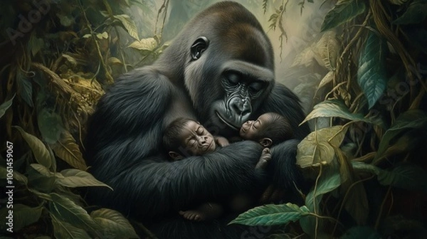 Fototapeta Gorilla Family Embrace: A powerful image of a gentle gorilla mother cradling her two infants amidst lush rainforest foliage.  A heartwarming portrayal of family, love, and the beauty of nature.