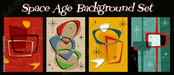 Fototapeta Space Age Background Set. 1950s - 1960s Vector Templates for Retro Party Invitations, Posters, Covers, Illustrations. Googie and Atomic Age Shapes and Colors