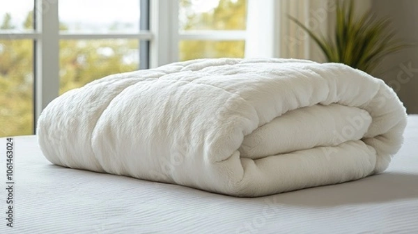 Fototapeta Soft White Blanket on Bed with Natural Light