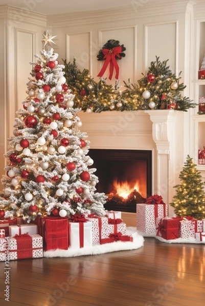 Fototapeta A beautifully decorated Christmas tree with red and white ornaments, surrounded by wrapped gifts under the tree