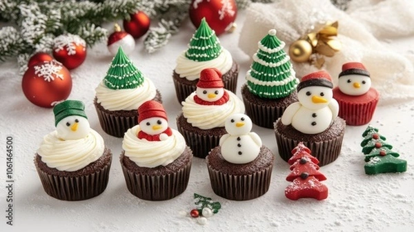 Fototapeta Mini holiday cupcakes with frosting shaped like Christmas trees and snowmen, placed on a white background with holiday decor