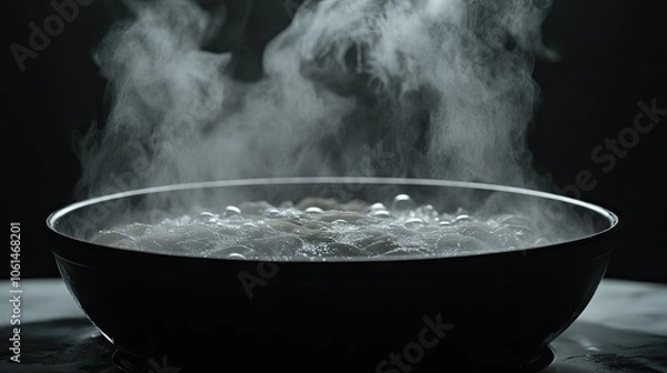 Fototapeta Spaghetti boiling in a black pan, with steam rising and bubbles, capturing the cooking process for a delicious pasta dish