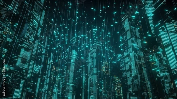 Fototapeta A digital landscape featuring glowing turquoise skyscrapers amidst a cascade of shimmering binary data, evoking a futuristic cityscape.