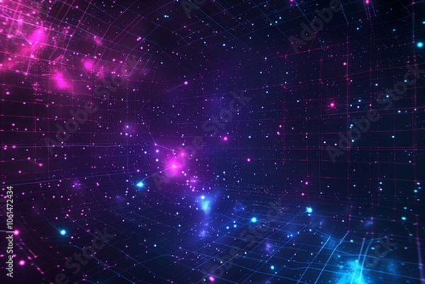 Fototapeta Synthwave wireframe net illustration with smoke or fog. Abstract digital background. 80s, 90s Retro futurism, Retro wave cyber grid. Deep space surfaces. Neon lights glowing. Starry background. Vector