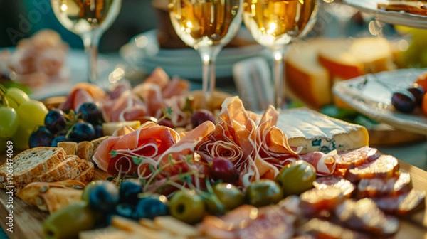 Fototapeta Reception Buffet: A buffet setup at a reception with glasses of wine, champagne, and an assortment of canapes, cheese, jamon, prosciutto, and fruit, emphasizing the catering service.