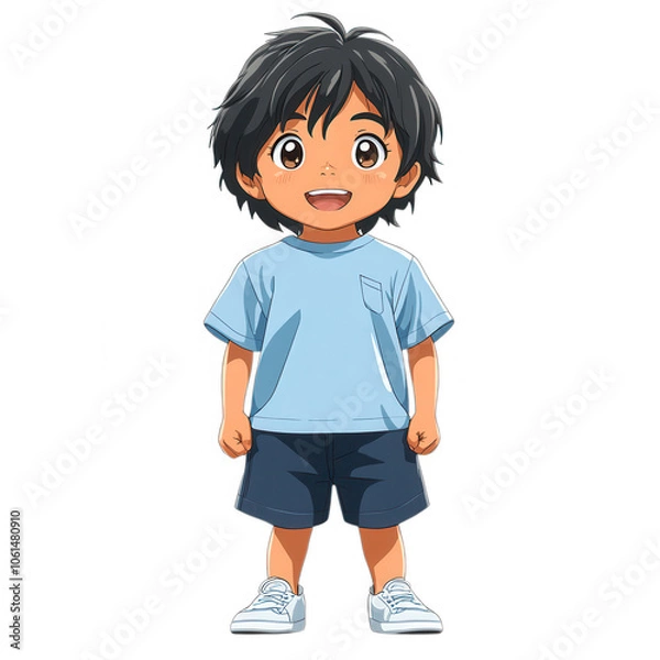 Fototapeta A young boy wearing a blue shirt, standing confidently with his hands on his hips. He looks self-assured, with a bright and charming demeanor, ideal for child-themed content.
