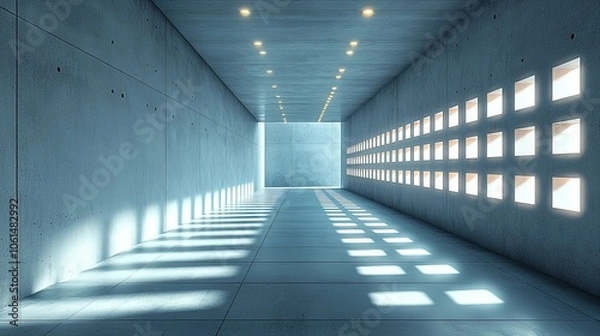 Fototapeta A minimalistic corridor with soft lighting and window-like openings casting shadows.