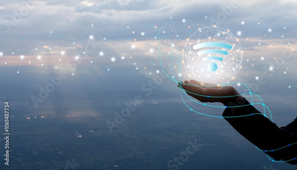 Fototapeta Silhouette hands holding earth network wifi connection, digital network communication and partners concept	
