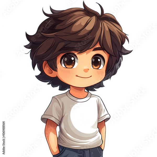 Fototapeta A cute chibi-style boy with big eyes and messy brown hair, wearing a white and gray t-shirt. He looks cheerful and full of energy, giving off a friendly vibe.
