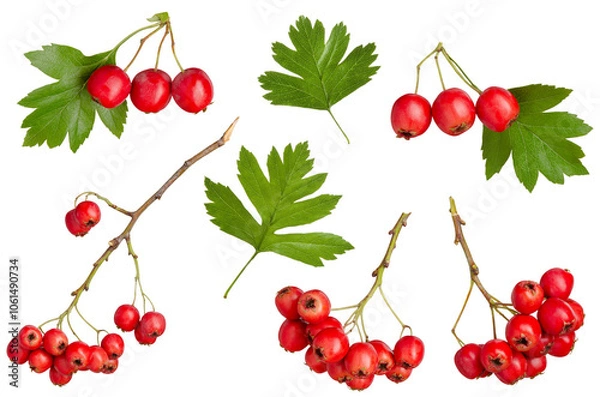 Obraz Ripe hawthorn berries and green leaves set isolated on white background