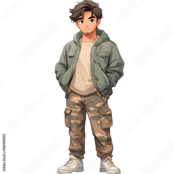 Fototapeta A young boy with brown hair, wearing a green jacket and camouflage pants. He looks ready for adventure, with a confident stance, giving off an outdoorsy vibe.
