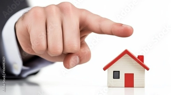 Fototapeta Hand pointing at miniature house, symbol of home ownership, investment, and real estate dreams