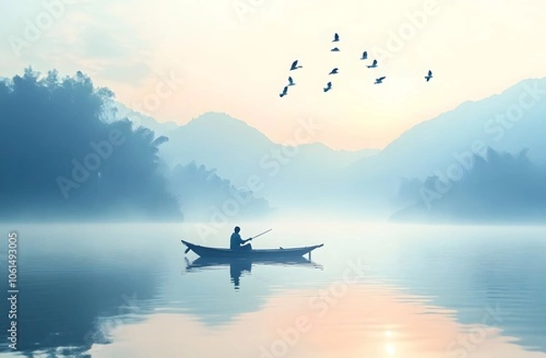 Obraz small boat floats on the calm lake, surrounded by misty mountains
