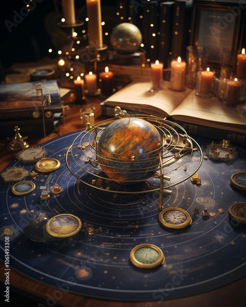 Fototapeta Set of astrological charts and celestial maps spread out on a table, highlighting the exploration of the cosmos and personal destiny