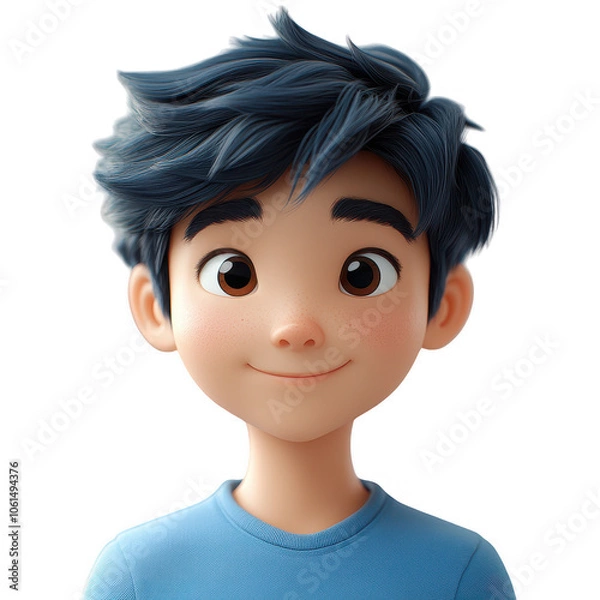 Fototapeta A digital illustration of a young boy with blue hair, wearing a plain white t-shirt. He has an innocent and bright smile, looking directly at the viewer.
