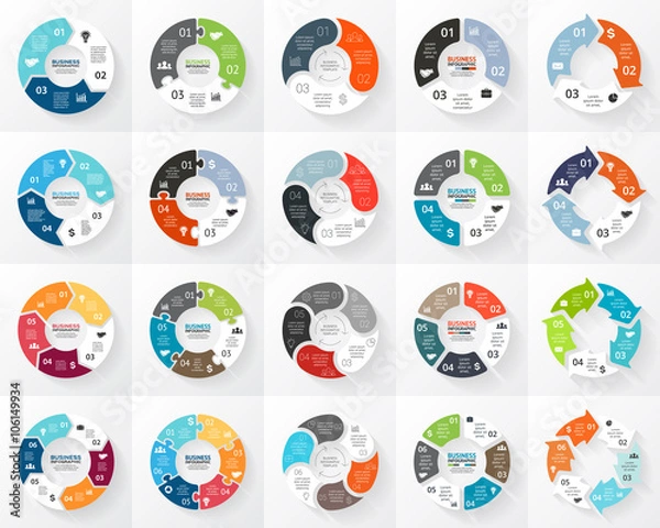 Obraz Wektor zestaw infografiki koło strzałki. 3, 4, 5, 6 opcji, części, kroki. Szablon schematu cyklu, wykresu, prezentacji puzzli i wykresu okrągłego. Koncepcja biznesowa z procesami danych.