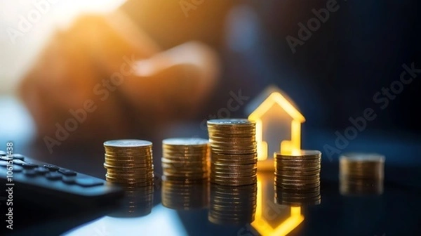 Obraz Coins with a house model, calculator in a financial concept.