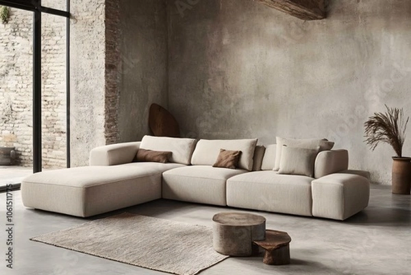 Fototapeta Serene Living Room with Muted Tones and Gentle Shadows