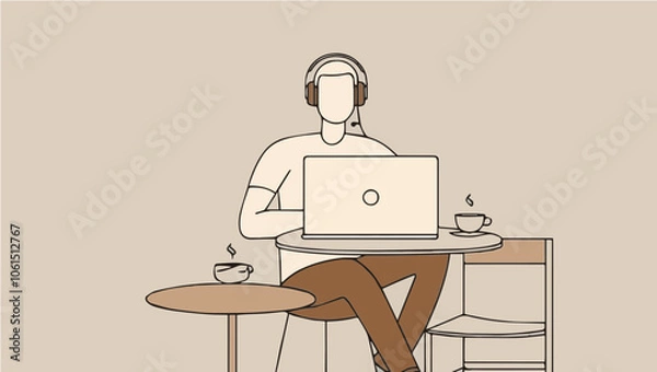 Fototapeta An individual with a laptop, coffee, and headphones, sitting at a café table, with surrounding details of the café environment.
