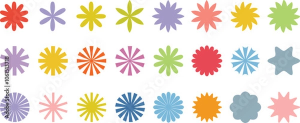 Fototapeta Colorful starburst shapes, vector badge or label, retro stars, flat vector decorative clip art element set, isolated