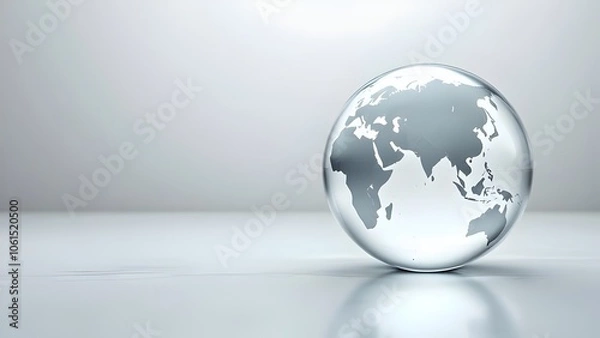 Fototapeta Crystal Glass Globe with World Map on Minimalist White Background - Elegant Global Business Concept with Transparent Earth